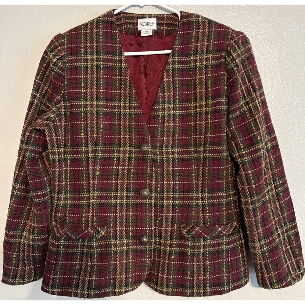 VTG Koret Plaid Tweed Blazer Collarless Burgundy Dark Academia Wool Blend Sz 10